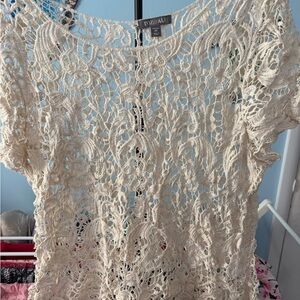 Roz & Ali Cream Crochet Short Sleeve Blouse